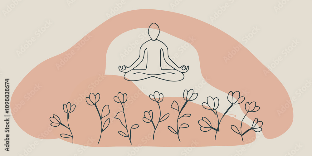 Poster Tranquil Pose A figure floats crosslegged above a softly glowing patch of flowers hands resting gently on their knees radiating peace surrounded by a gentle mist that adds to the