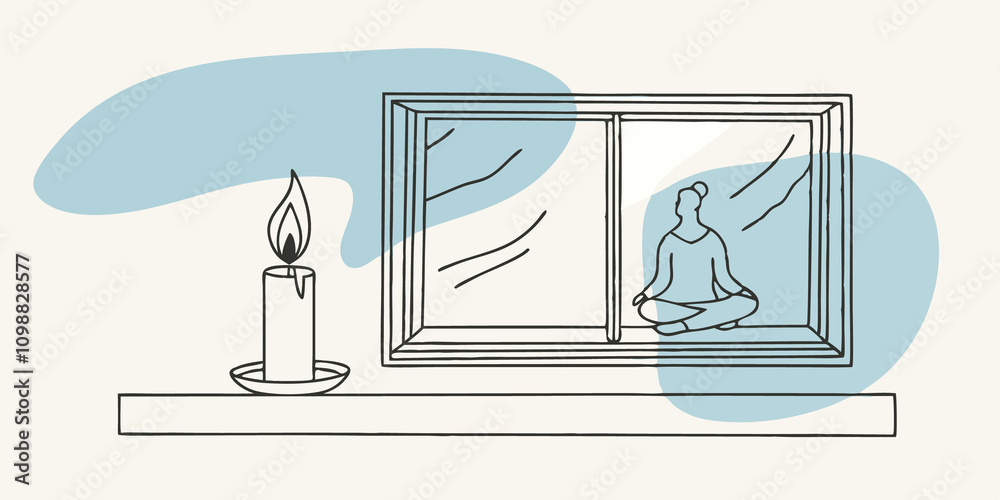 Aufkleber Tranquil Reflection A candle burns steadily on a ledge illuminating a figure meditating by the window. The soft glow reflects in their attentive posture highlighting a moment of
