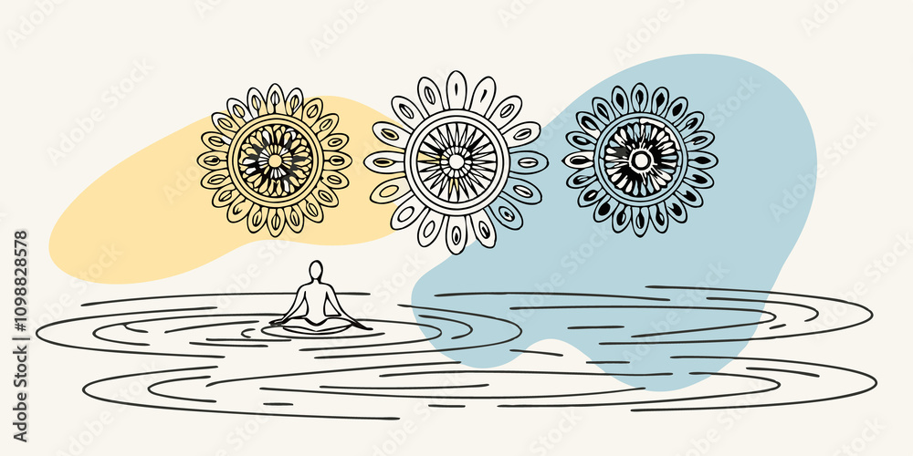 Poster Tranquil Waters A figure is meditating near calm water with mandalas reflecting in the surface. Light patterns dance from the mandalas to the water creating ripples of color that