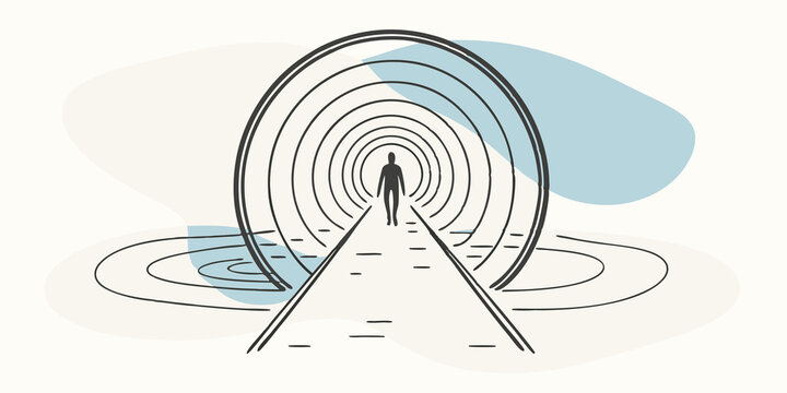 Torus Gateway A person walks towards a glowing toroidal portal situated over a river. The portal is filled with endless cycles of swirling colors and geometric patterns creating a