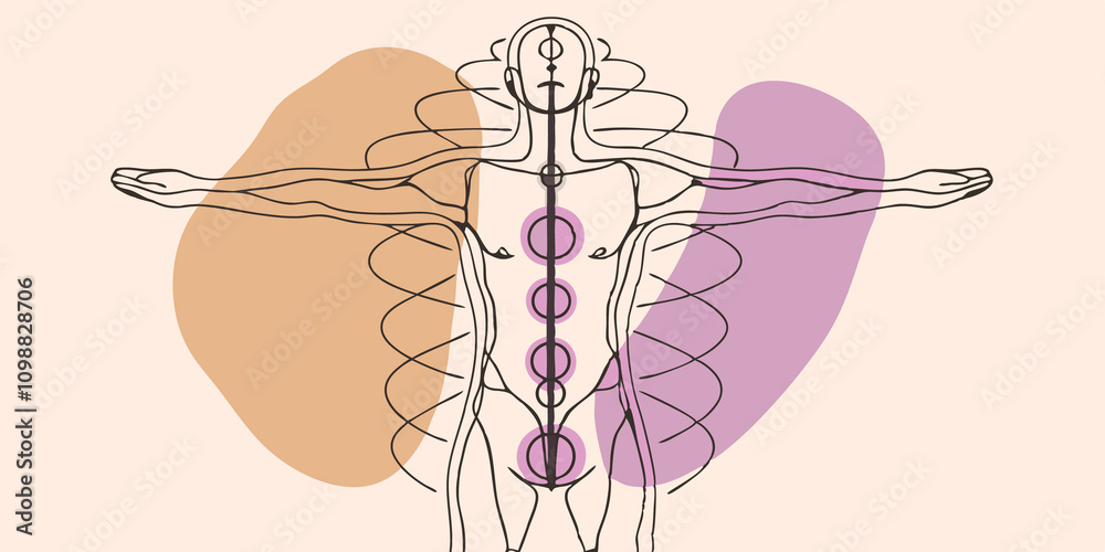 Poster Vibrant Soul River A striking image of a figure standing tall with a luminous river of energy flowing through its spine each chakra pulsing with light creating a rhythmic wavelike