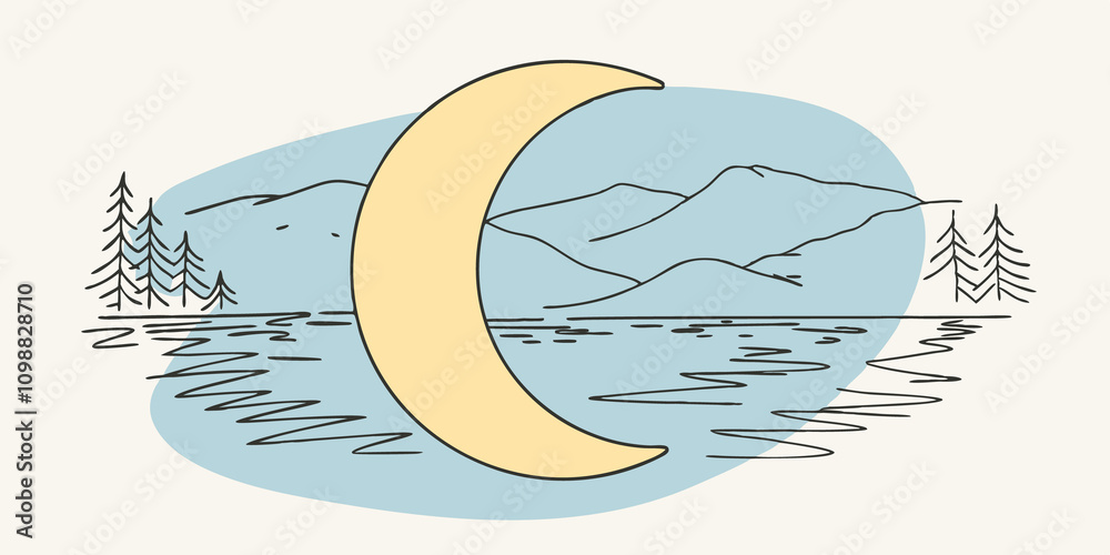 Poster waning crescent reflection a waning crescent moon is visible above a quiet mirrored lake. the water 
