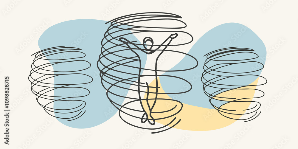 Poster Vibrational Flow A dynamic illustration shows a figure in motion encircled by colorful spirals that twist and twirl in various directions each spiral representing a different