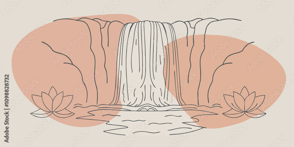 Poster Waterfall A majestic waterfall cascading down rocky cliffs. Surrounding the falls are concentric circles and lotus designs harmonizing with the flowing water and emphasizing its