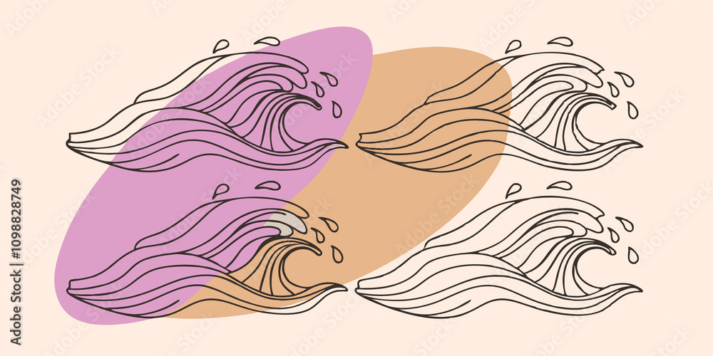 Poster Water Symbol A series of undulating waves composed of smooth flowing lines that cascade in a repeating pattern. At the crest of each wave small drops sparkle as if catching light