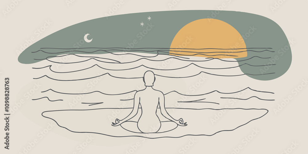 Poster waves and whispers a solitary figure meditates on the beach surrounded by the whispering sounds of t