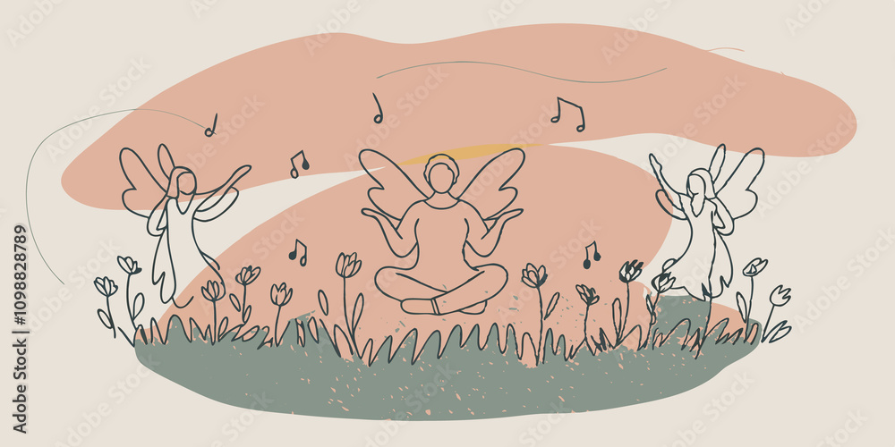 Poster whimsical serenity an individual sits crosslegged in a meadow sprinkled with wildflowers while playf