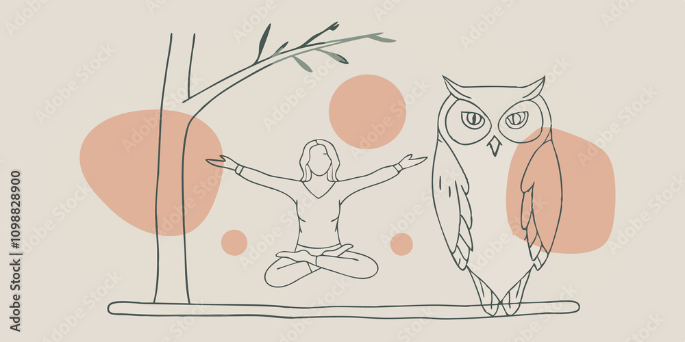 Poster wisdom of the owl in a tranquil forest clearing a person in a meditative pose opens their arms wide 