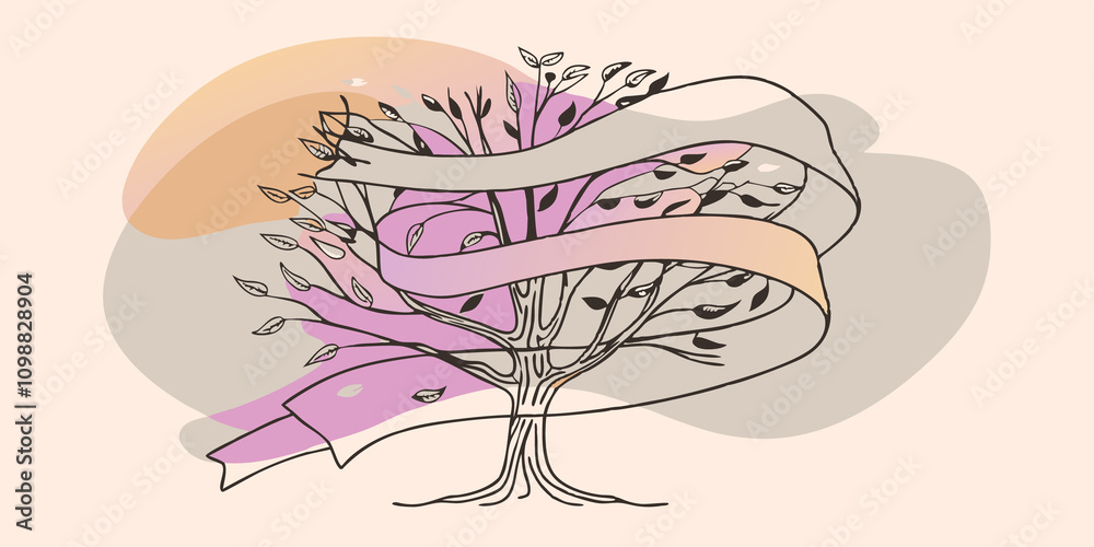 Poster Wind of Change The tree sways gently in a breeze with flowing ribbons that carry symbols like feathers and shells symbolizing freedom and the everchanging nature of life and