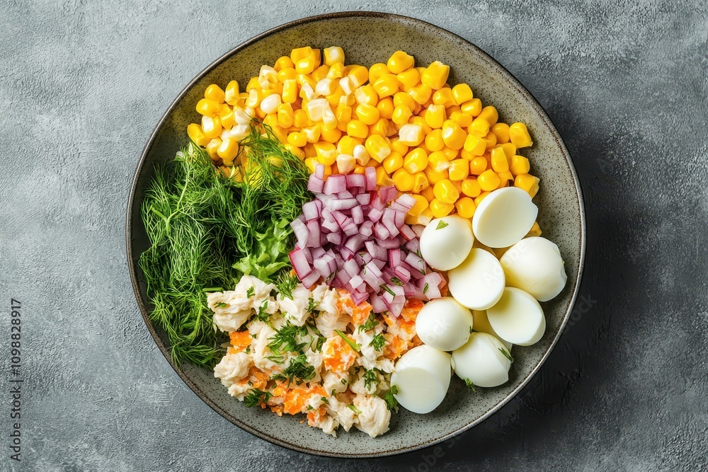 Wall mural Close up of a plate with crab salad featuring corn red onion hard boiled eggs and dill viewed from above