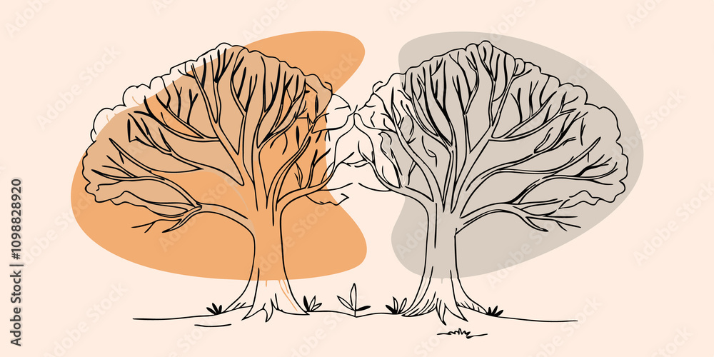 Poster YinYang Two trees one dark and one light leaning into each other to create a yinyang symbol with their branches weaving together to denote balance surrounded by smaller shrubs