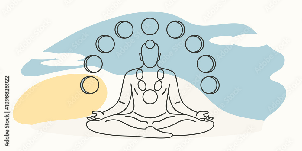 Aufkleber Zen and the Moon A tranquil figure seated in meditation with a calm expression. Above and around the moon phases are arranged like a necklace glowing softly against a gradient sky