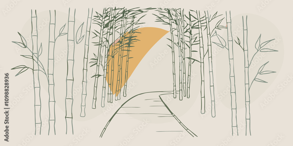 Poster Zen Awakening A tranquil scene of a bamboolined path bathed in the soft early morning light. The suns rays trate the dense foliage illuminating areas of the path and creating a