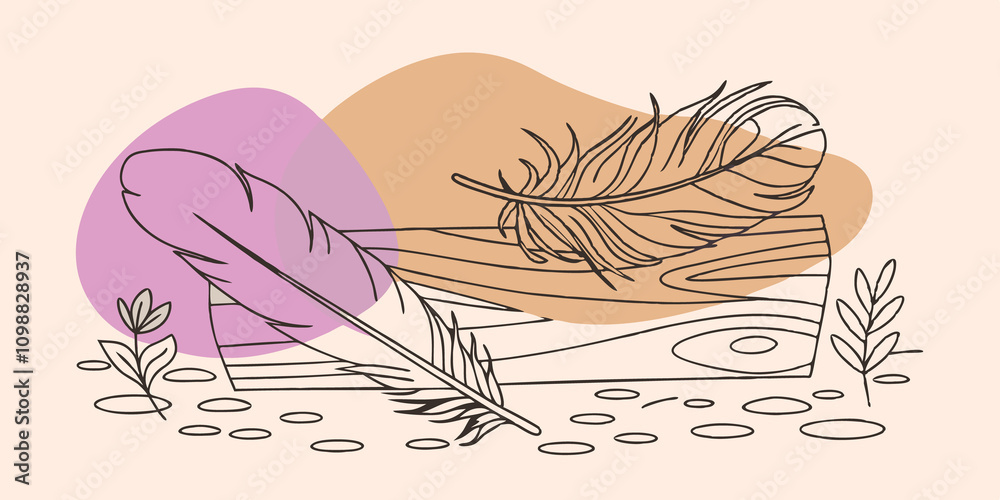 Poster Zen Garden Vibes A tering of soft lightcolored feathers rests on a smooth wooden surface surrounded by small pebbles and miniature plants invoking tranquility and a sense of