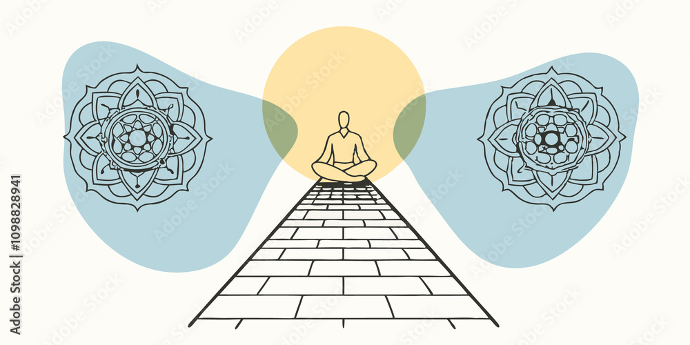 Poster zen sanctuary a calm figure meditating on a stone pathway is illuminated by glowing mandalas. the ma
