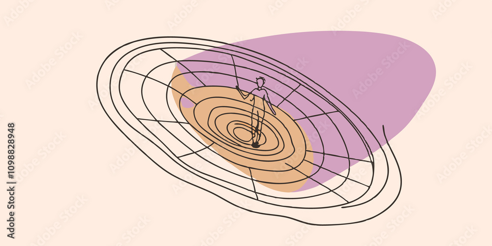 Poster Abstract Spiral An artistic representation of a fluid spiraling shape with a figure moving through it. Vivid colors swirl around and a bright orb of light appears in the center