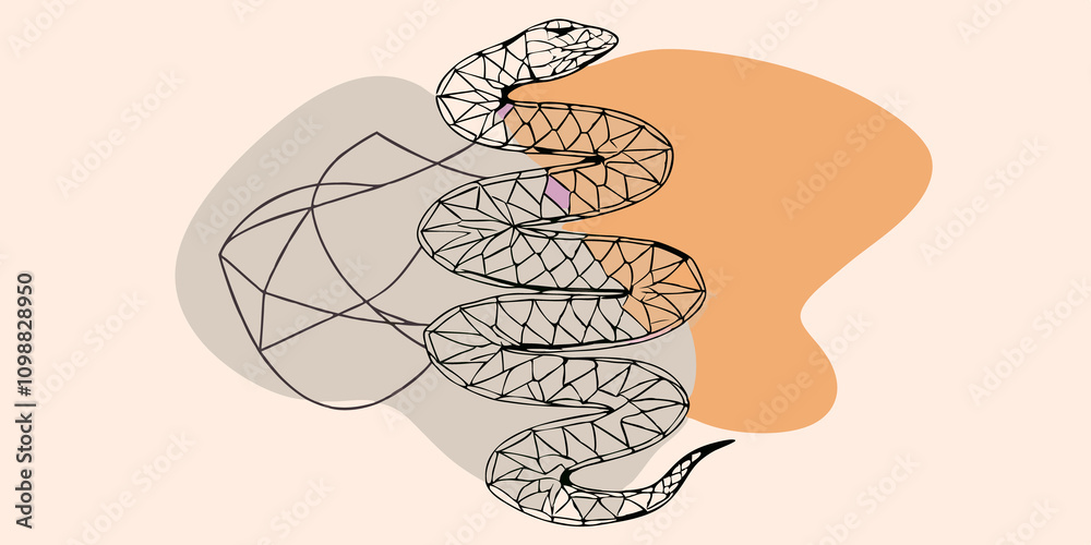 Poster Abstract Art An abstract representation of a serpent segmented into different shades twisting through a series of geometric shapes that symbolize each chakra with flowing lines
