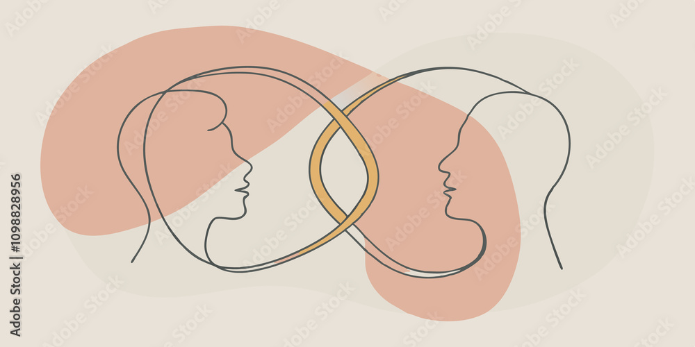 Poster abstract figures two human silhouettes facing each other connected by a golden spiral that twists ar