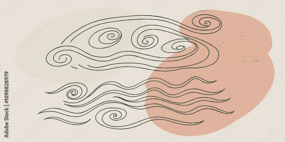 Poster Air Water Interconnected A fluid pattern of overlapping circles and wavy lines where the top half has airy spirals and the bottom features flowing waves. Both elements are