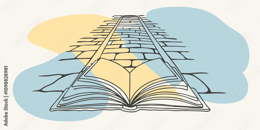 Poster A Gateway to Knowledge An open book laid on a stone path radiates a bright golden beam that pierces through a misty atmosphere suggesting a magical journey that begins with