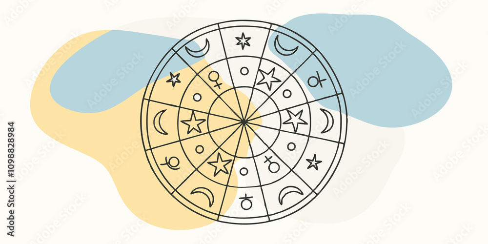 Poster Zodiac Wheel Form a circular mandala with symbols representing the zodiac signs p symmetrically around the outer edge. Space small stars and crescent moons between them integrating