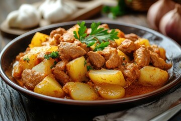 Close up of delicious potato zrazy with meat in a plate on a table
