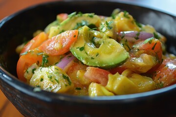 Fresh avocado and tomato salad with onions