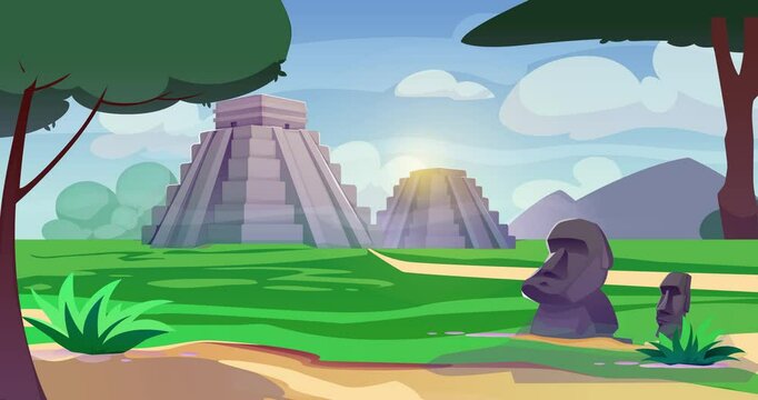 Ancient mayan pyramid. Moving banner with ancient aztec temple. Monument and landmark at lawn. Ruined building. Ancient culture and architecture. Cartoon flat animated graphics