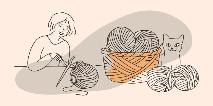 A playful cat curiously swats at the yarn balls adding a lighthearted touch to the crafting scene as the knitter smiles in amut.