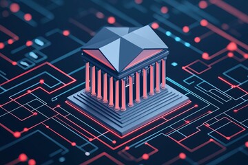 Fototapeta premium Virtual bank digital and ecosystem, A stylized digital bank building surrounded by circuits, symbolizing the intersection of finance and technology.