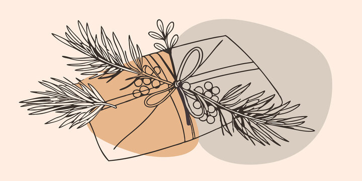 Charming Bouquet A bouquet of pine branches lightly scented and arranged around a parcel wrapped in simple brown paper embellished with a string of berries for a touch of color and