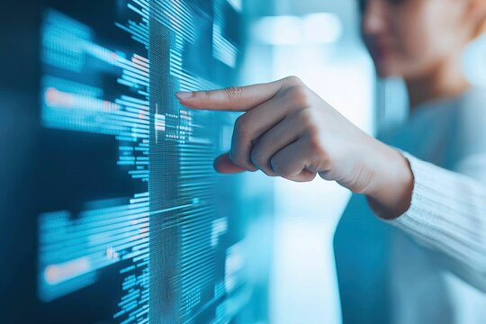 Virtual bank digital and ecosystem, A person interacting with a digital interface displaying data or information, emphasizing technology and user engagement. - Powered by Adobe