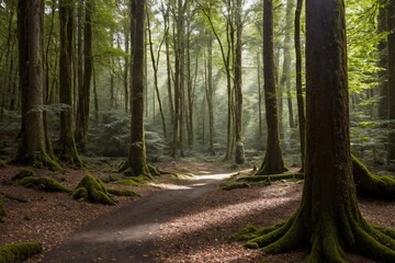 Obraz premium A peaceful forest scene with dense trees and a soft carpet of moss covering the ground. Small mushrooms are scattered throughout the forest floor, nestled among the fallen leaves and ferns.