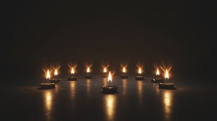 Fototapeta premium Minimalist Kwanzaa Design: Floating Geometric Symbols with Seven Golden Flames on Deep Charcoal Background. Professional Studio Lighting, Ultra-Clean 8K Render.