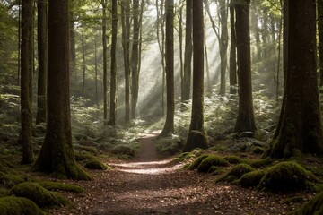 Obraz premium A peaceful forest scene with dense trees and a soft carpet of moss covering the ground. Small mushrooms are scattered throughout the forest floor, nestled among the fallen leaves and ferns.