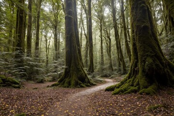 Obraz premium A peaceful forest scene with dense trees and a soft carpet of moss covering the ground. Small mushrooms are scattered throughout the forest floor, nestled among the fallen leaves and ferns.