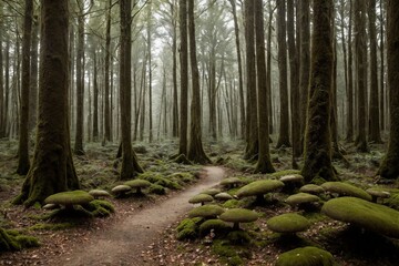 Obraz premium A peaceful forest scene with dense trees and a soft carpet of moss covering the ground. Small mushrooms are scattered throughout the forest floor, nestled among the fallen leaves and ferns.