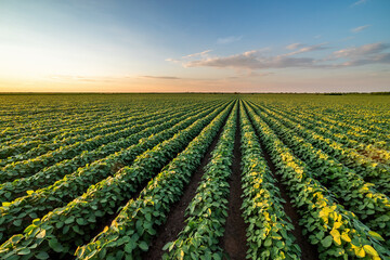 Beautiful rural landscape of a vast soybean field at sunset