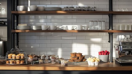 Obraz premium Cozy Bakery Display with Fresh Pastries and Bright Sunlight