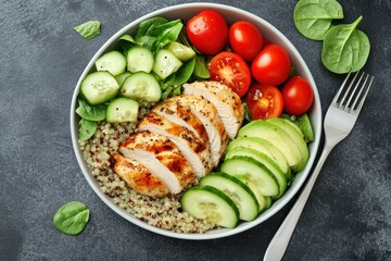Nutritious Buddha bowl with grilled chicken quinoa spinach avocado Brussels sprouts tomatoes and cucumbers on a dark gray backdrop Overhead view