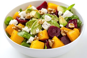 Nutritious butternut squash salad featuring beetroot avocado walnuts and feta in a white bowl