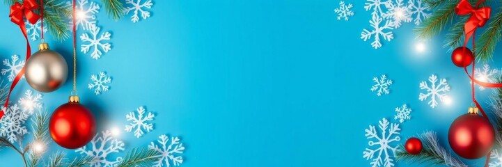 Fototapeta premium Blue background adorned with delicate white snowflakes and glittering white balls for a festive winter theme, background, blue, holiday