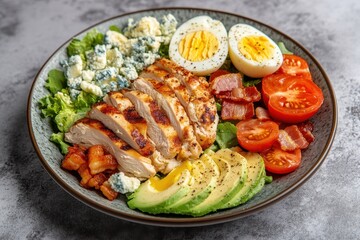Nutritious cobb salad featuring chicken avocado bacon blue cheese tomato and eggs on a gray backdrop Keto friendly Overhead perspective Traditional American cui