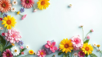 Fototapeta premium Bright and colorful floral border design with flowers, gifts, treats for invitations, celebrations greeting card, flowers, colorful, floral