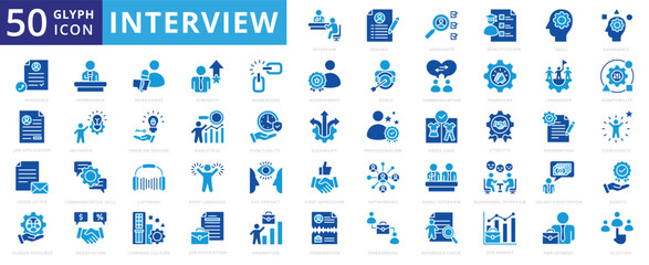 Interview icon set with experience, skill, communication, teamwork, leadership, letter, interview, employment, networking, strength, onboarding, analytics, body language, dress code, and confidence