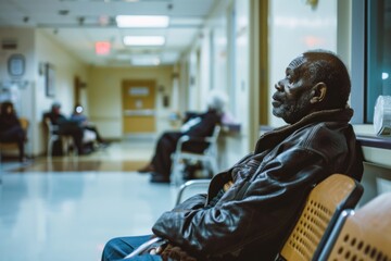 An elderly man sits in a hospital corridor, lost in thought while waiting for an appointment amidst a bustling environment
