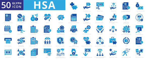 HSA icon set with health, saving,account, insurance, investment, contribution, deductible, premium, qualified medical expense, family coverage, tax advantage, account holder and annual limit.