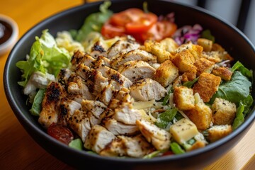 Fototapeta premium Nutritious salad with assorted lettuce chicken cheese and croutons served at a restaurant