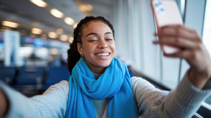 Obraz premium A young Black woman smiles brightly while taking a selfie at the airport, wearing a cozy sweater and a vibrant blue scarf.