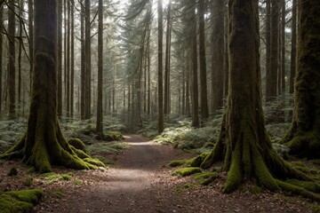 Fototapeta premium A peaceful forest scene with dense trees and a soft carpet of moss covering the ground. Small mushrooms are scattered throughout the forest floor, nestled among the fallen leaves and ferns.